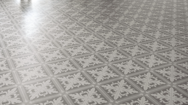 Mønstrete fliser i grått og hvitt på gulvet, med dekorative detaljer i et klassisk design.