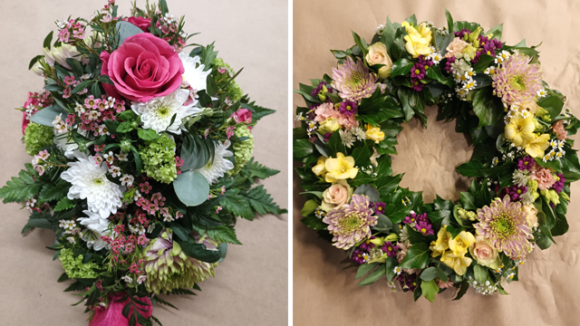 En bukett med rosa rose, hvite blomster og grønt, samt en krans med gule og lilla blomster.