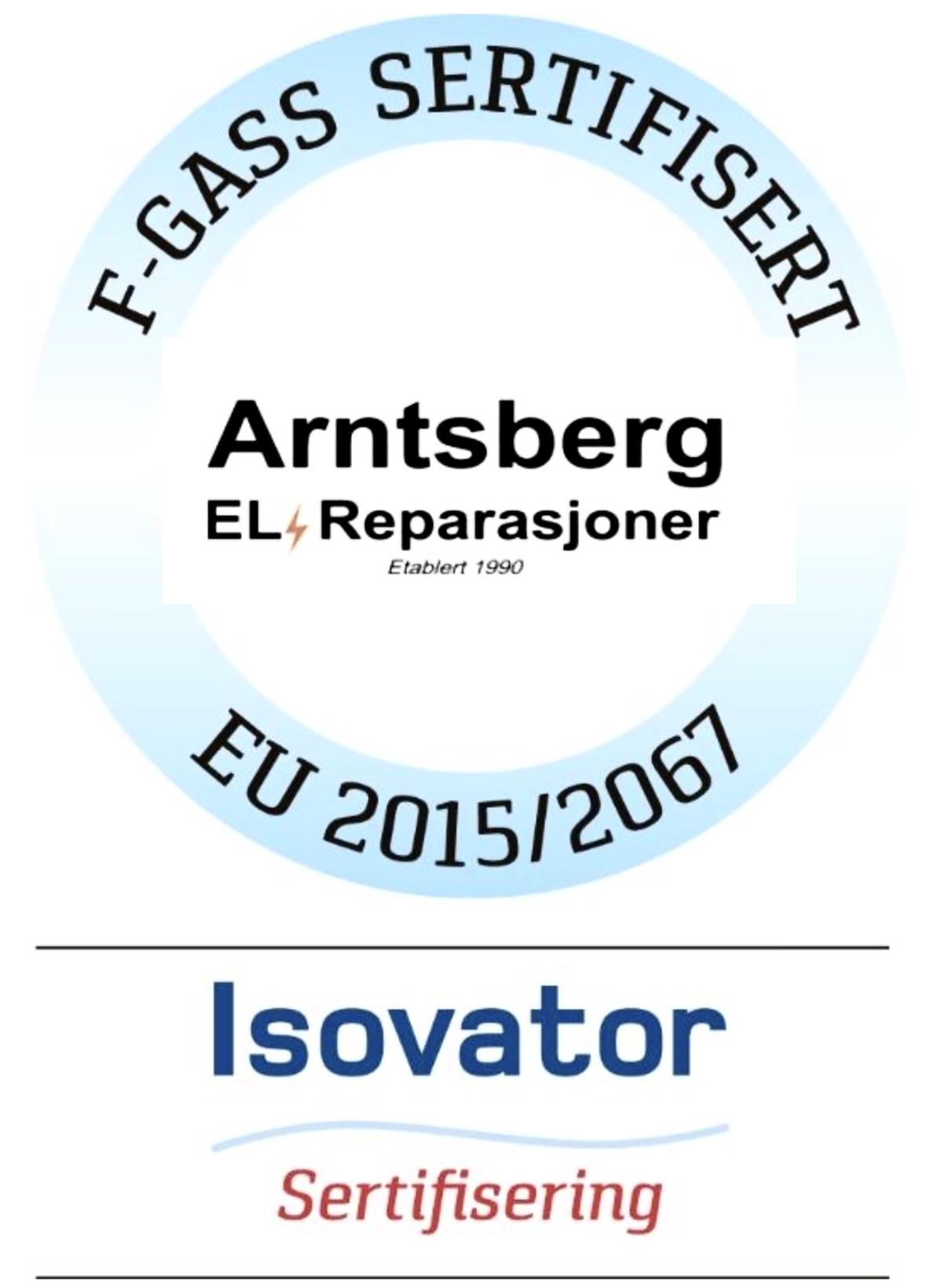 F-gass sertifisering fra Arntsberg EL Reparasjoner og Isovator, med EU-nummer 2015/2067.