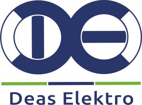 Logo for Deas Elektro med blå farger og sirkulære former, inkludert initialene "DE" i designet.
