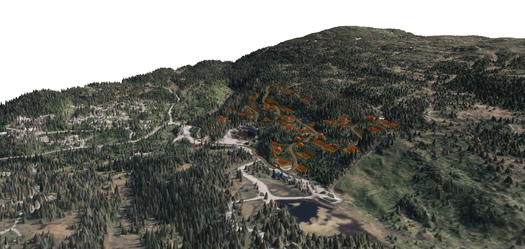 3D-modell av et skogsområde med bygninger og veier, omgitt av fjell og innsjøer i bakgrunnen.