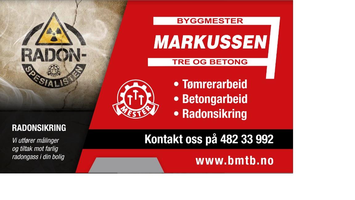 Byggmester Markussen reklame for tømrerarbeid, betongarbeid og radonsikring med kontaktinformasjon.