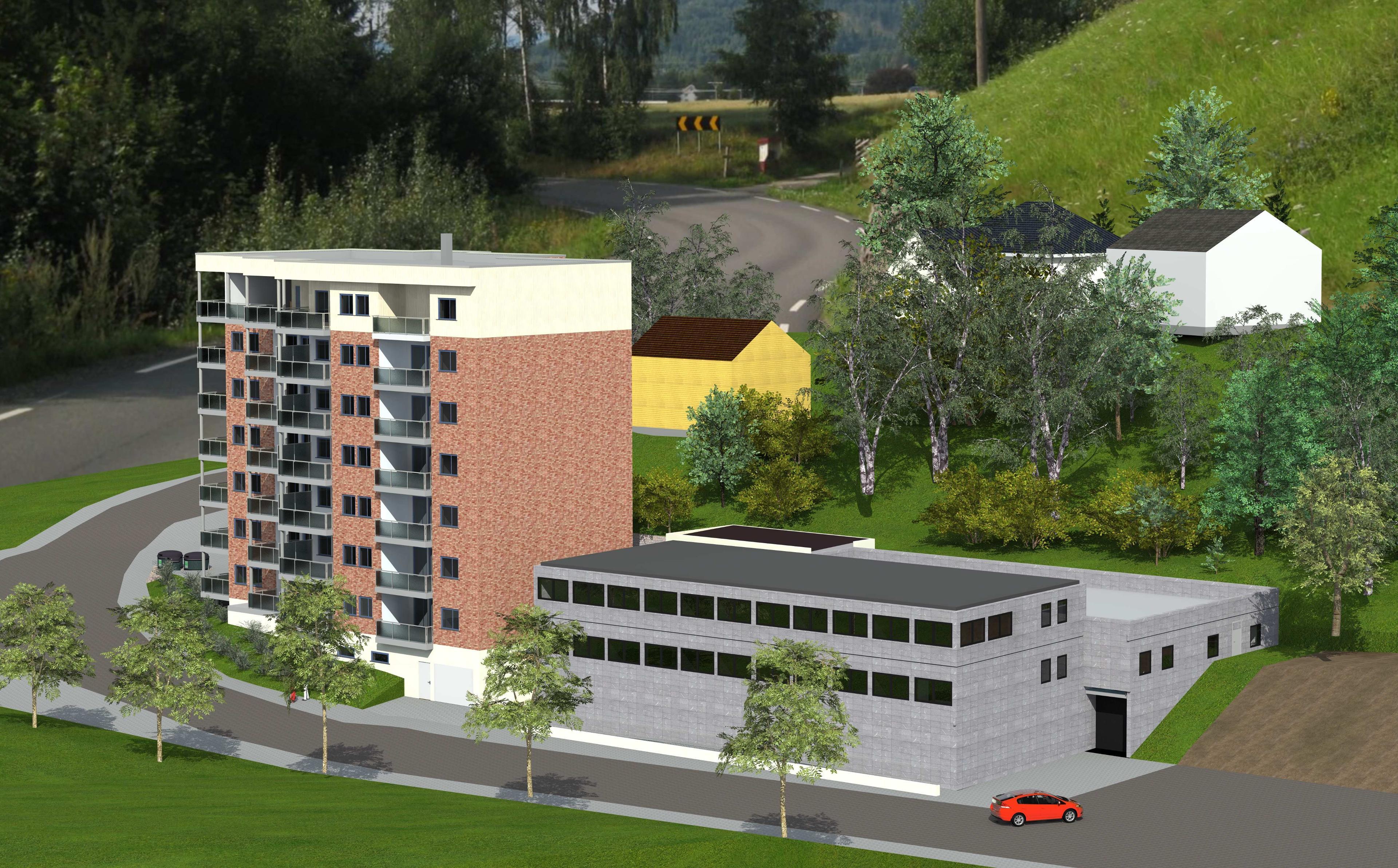 Moderne leilighetsbygg med murfasade, omgitt av trær og en vei, med en rød bil parkert foran.