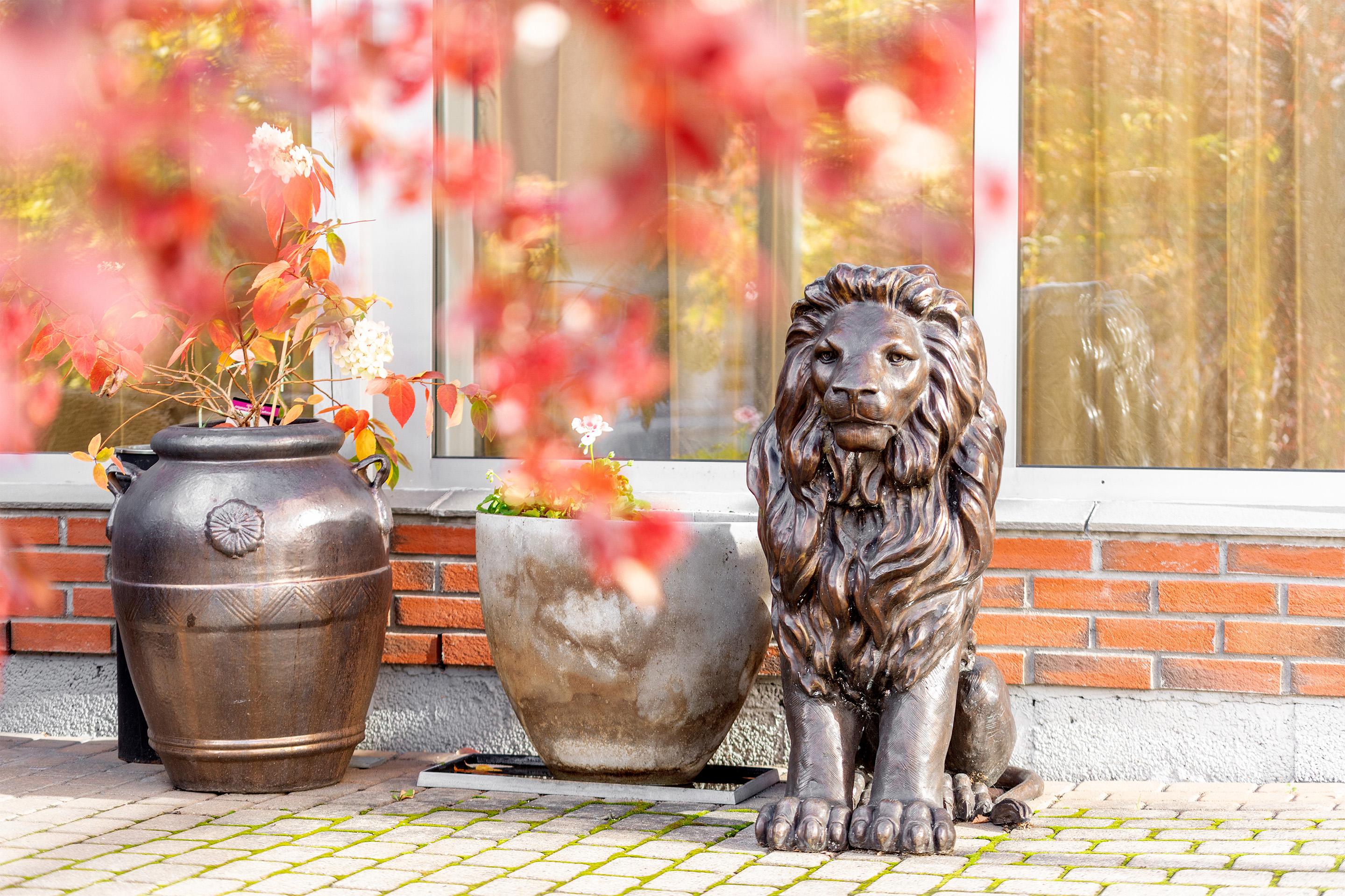 En bronse løve statue ved siden av blomstrende planter og keramiske potter foran et vindu.