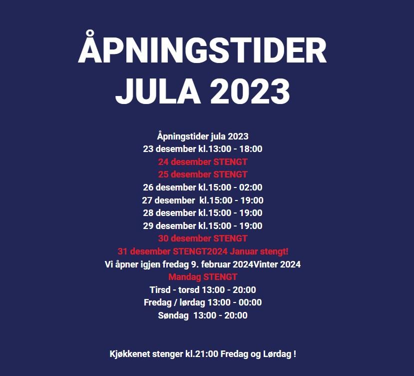 Åpningstider for julen 2023 med datoer og klokkeslett for stengte dager og åpningstider.
