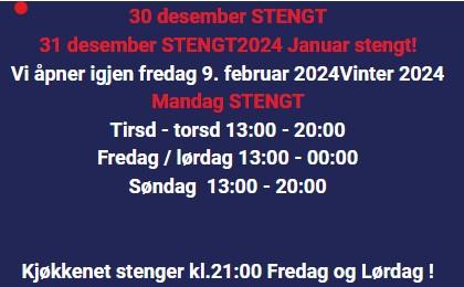 Åpningstider for desember og januar, med stengte dager og tider for restauranten.