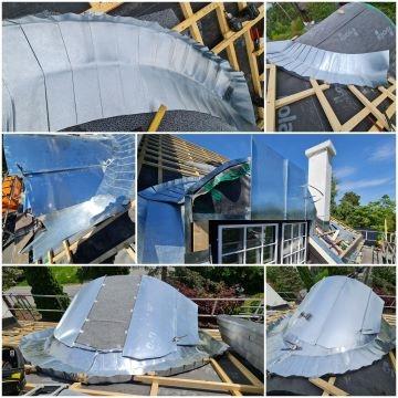 Bilder av takarbeid med metallplater, inkludert detaljer av takets kurver og tilkoblinger.