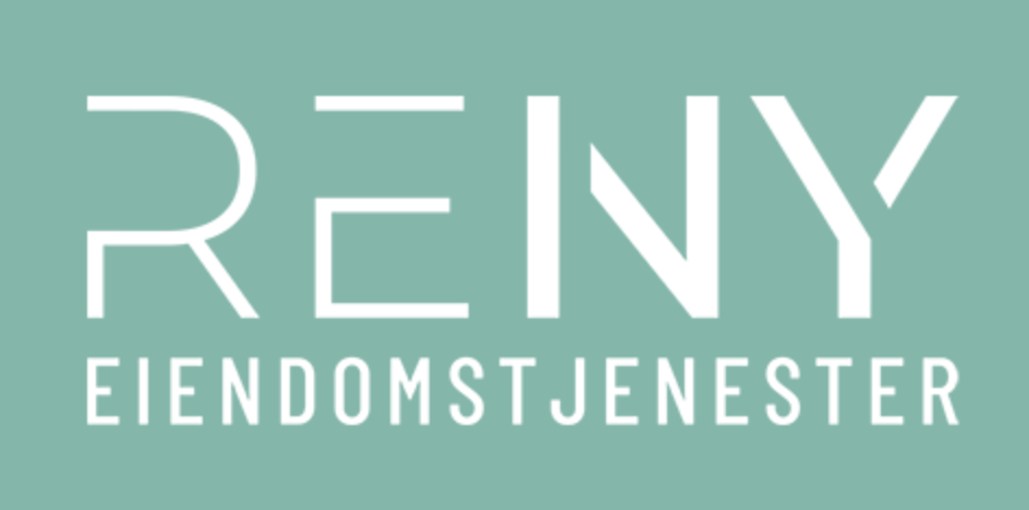 Logo for RE NY Eiendomstjenester med moderne design og lys grønn bakgrunn.