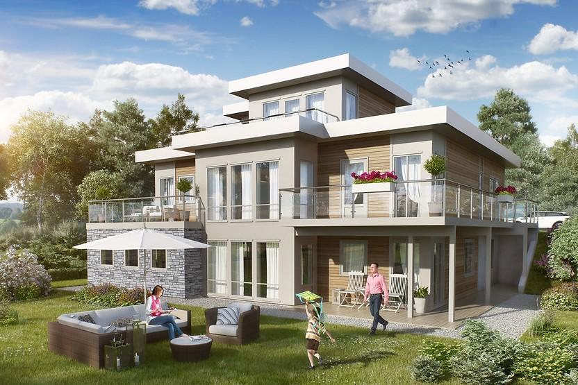 Moderne hus med terrasse, hage og sitteplasser, omgitt av trær og blomster, med folk som nyter utendørs.