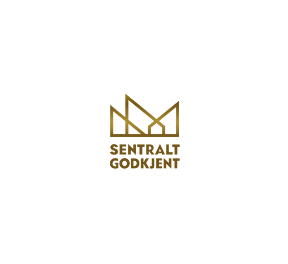 Logo med teksten "SENTRALT GODKJENT" i gullfarge, med en geometrisk form over teksten.