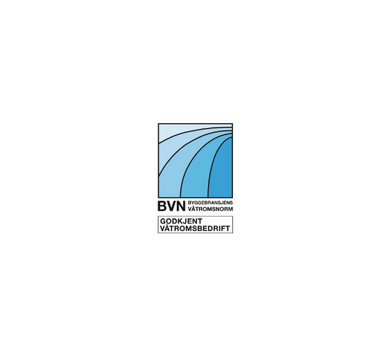 Logo for BVN, en godkjent våtromsbedrift med blå og hvite farger.