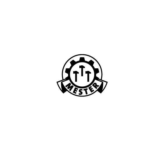 Logo med en tannhjul og tre hammerer, med teksten "MESTER" under.