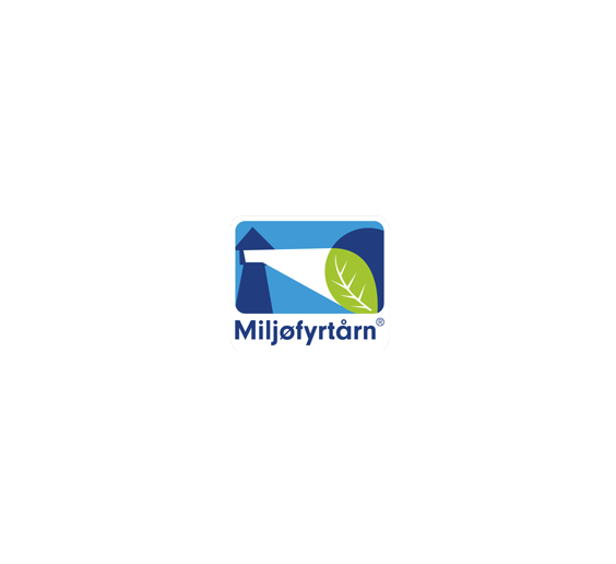 Miljøfyrtårn-logo med et fyrtårn, lysstråle og et grønt blad, symboliserer bærekraft og miljøvennlighet.