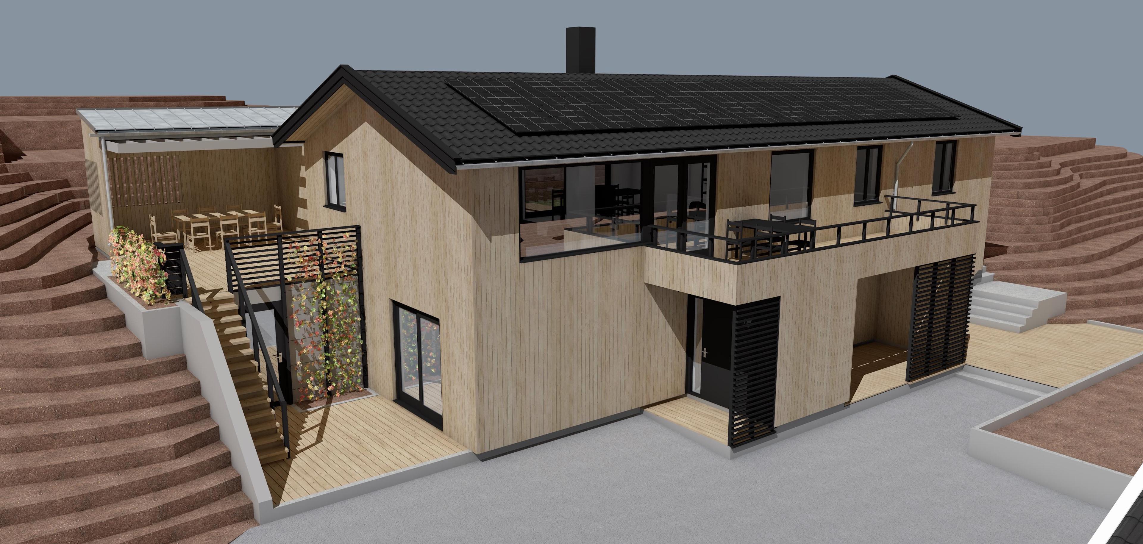 Moderne hus med trepanel, balkong og terrasse, plassert i et kupert landskap.