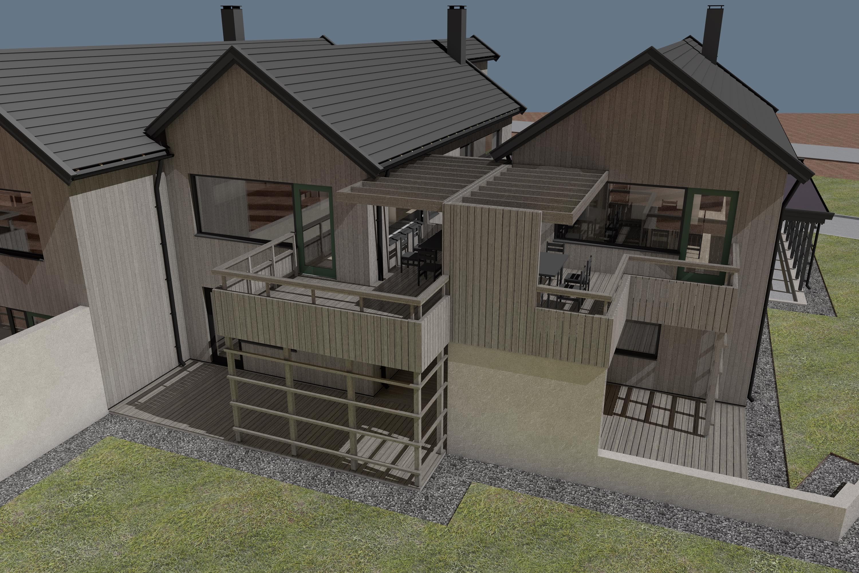 Moderne hus med trepanel og store vinduer, beliggende i et grønt område med plen og grus.