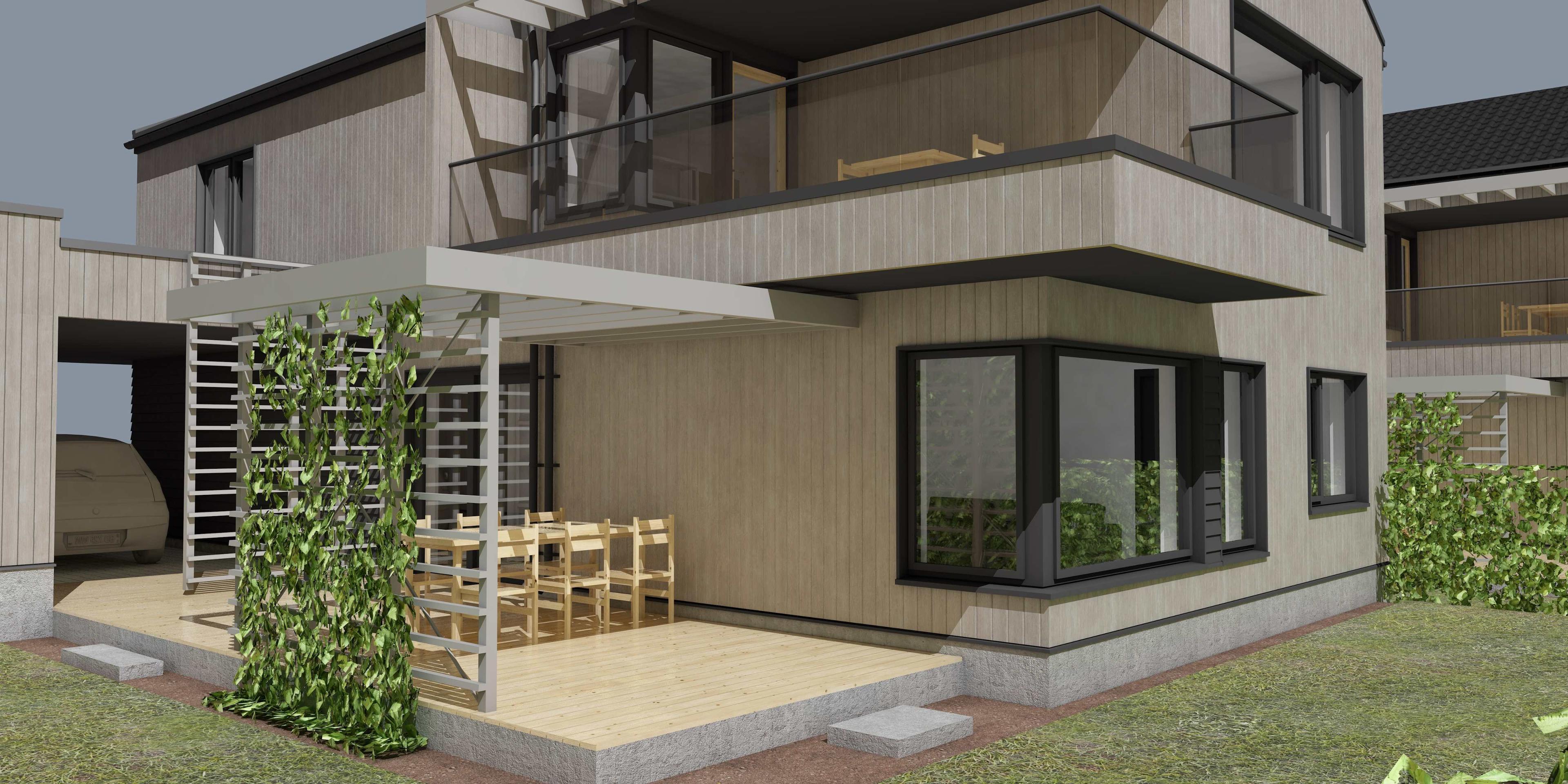 Moderne hus med terrasse, store vinduer og grøntområde rundt, perfekt for utendørs underholdning.