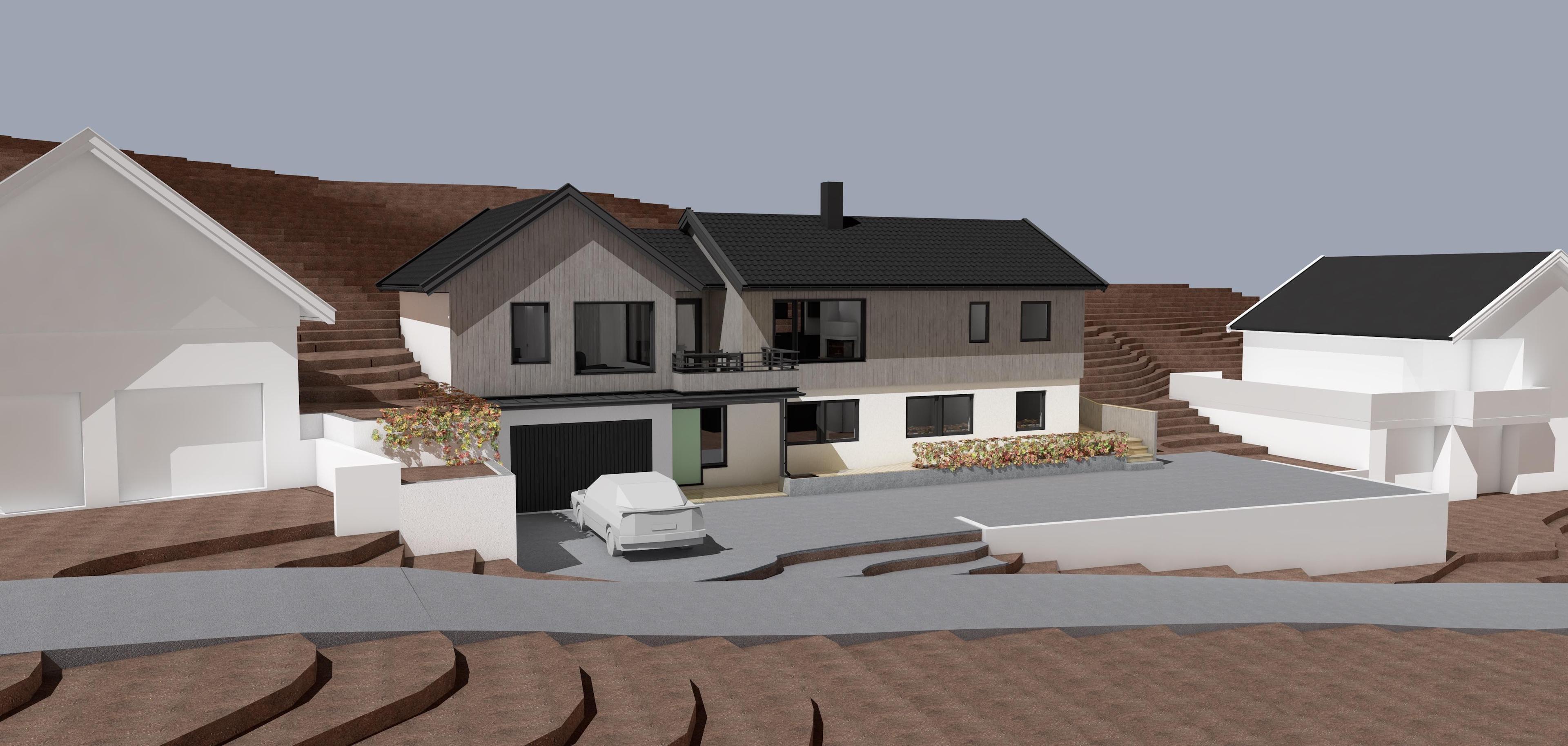 Moderne hus med svart tak og grå fasade, omgitt av andre bygninger og landskap.