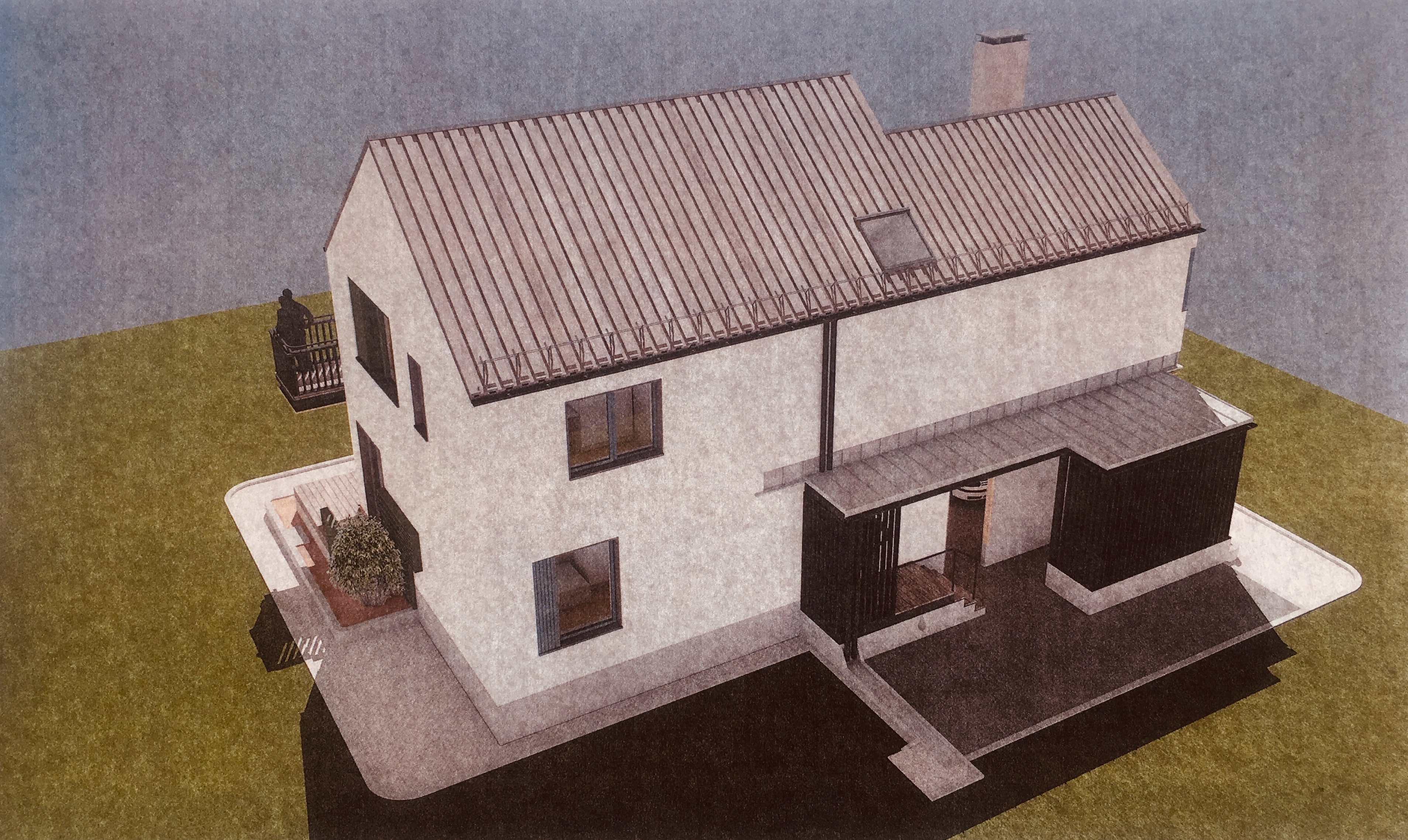 Moderne hus med to etasjer, skråtak og terrasse, omgitt av grønt landskap.