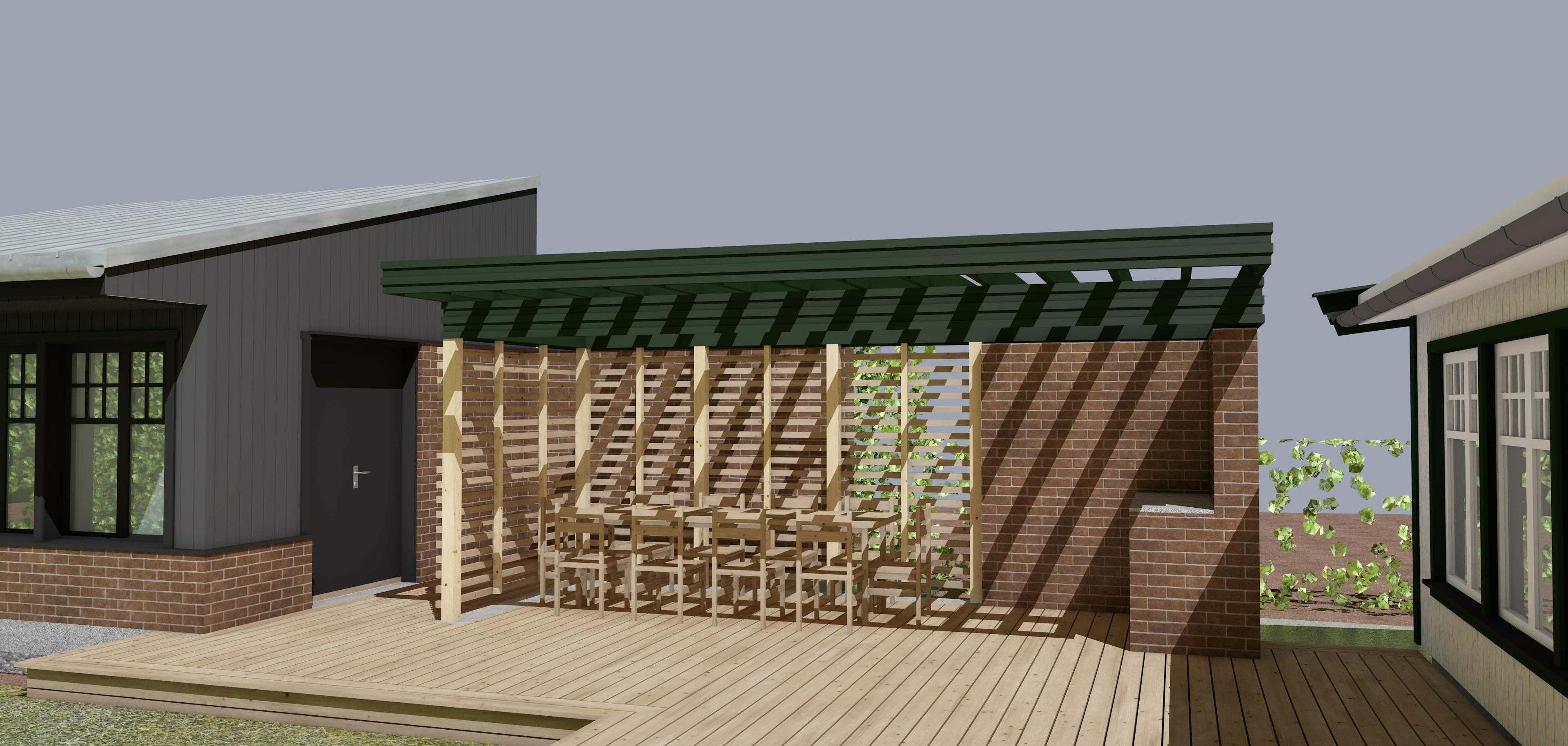 Moderne hus med terrasse, treverk og stoler, samt en grå vegg og tak med grønn overbygning.