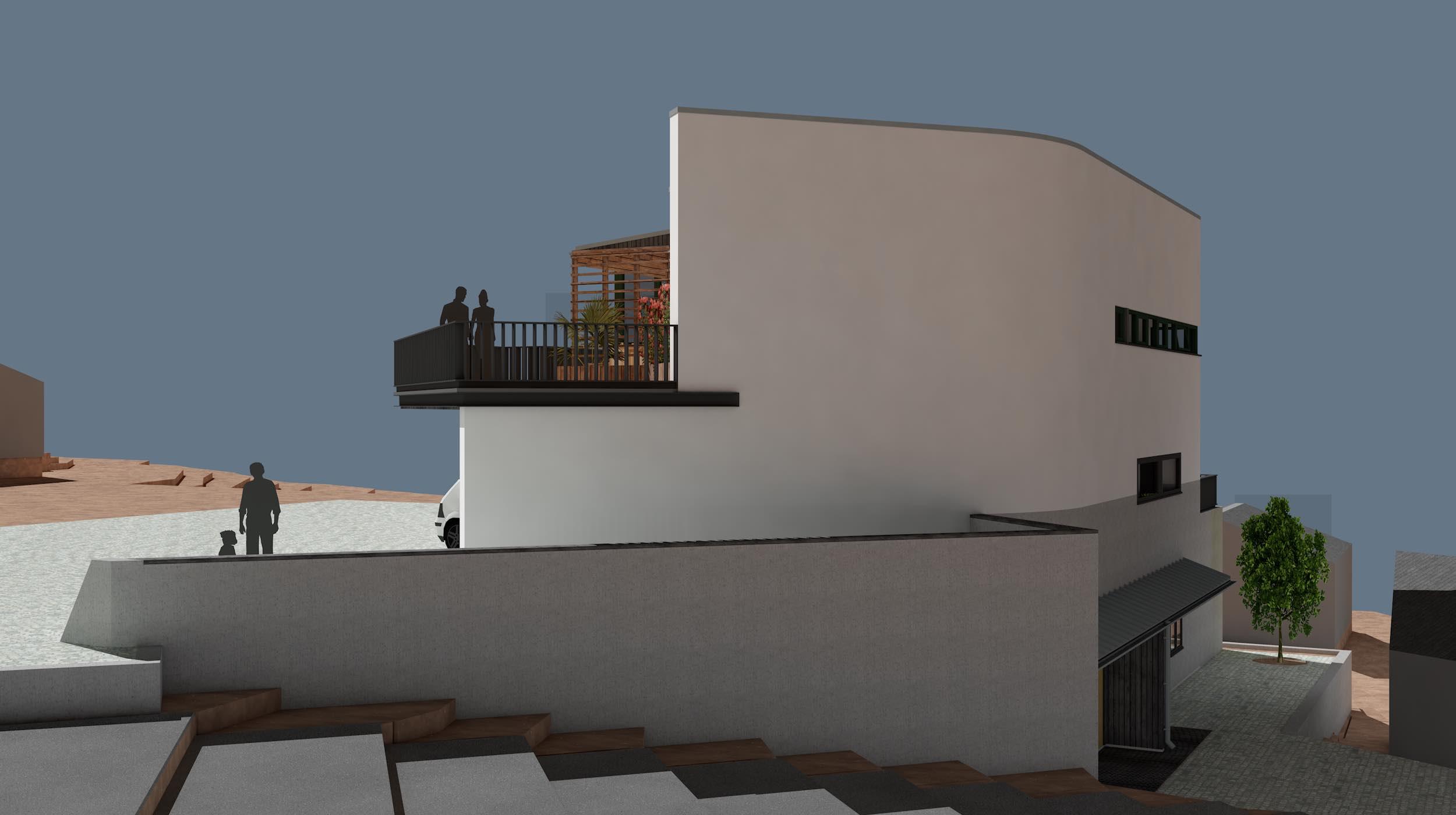 Moderne hus med balkong og mennesker som står på terrassen, omgitt av en steinlagt hage.