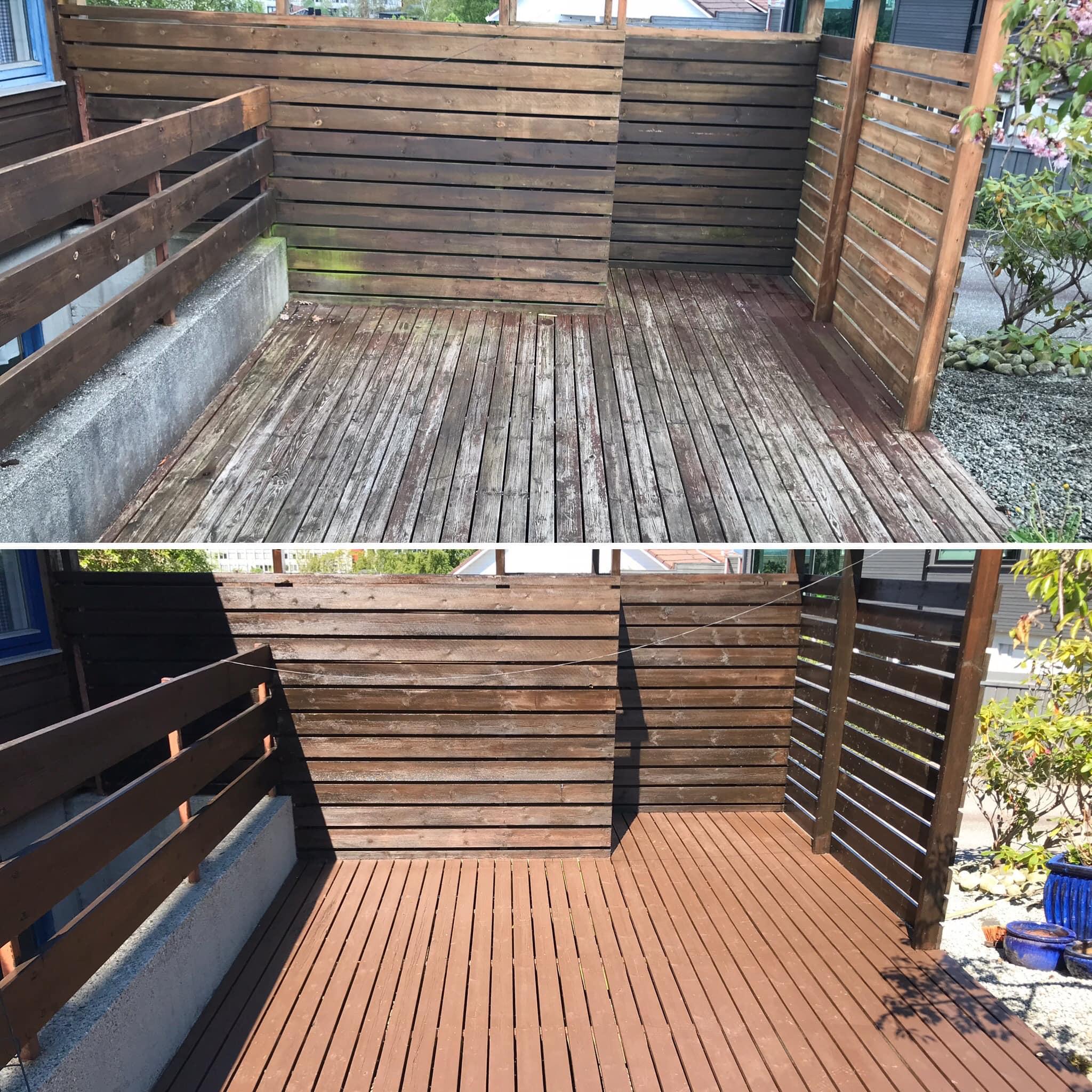 Før og etter bilde av en terrasse med nybehandlet treverk og renoverte vegger.