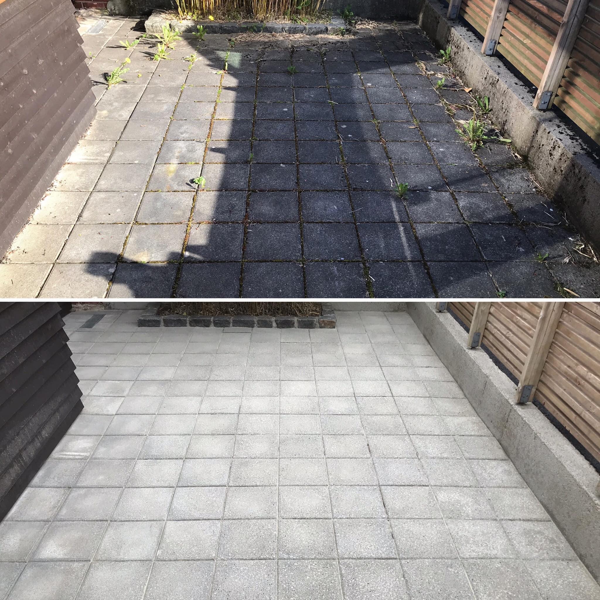 Før og etter bilde av en renovering av en steinlagt uteplass med rene fliser og lite ugress.