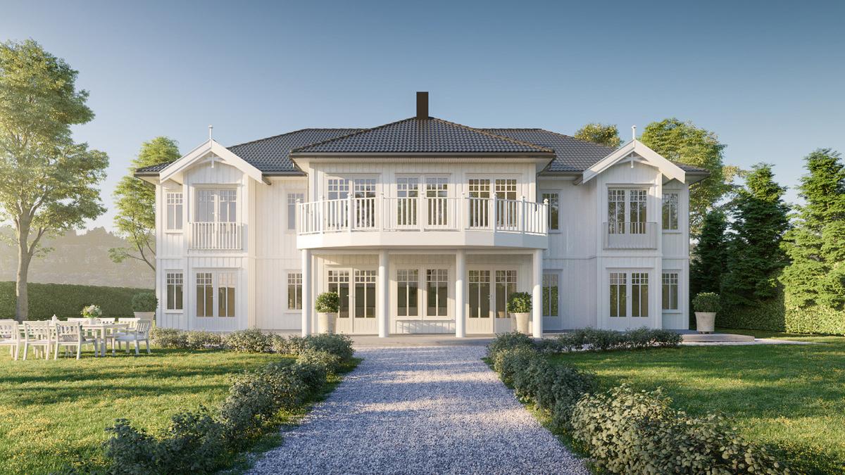 Moderne, hvitt hus med balkonger, omgitt av grønt landskap og en grusvei som fører til inngangsdøren.
