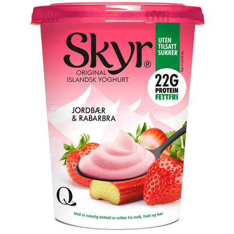 Skyr original yoghurt med jordbær og rabarbra, 22g protein, fettfri, i rosa emballasje.