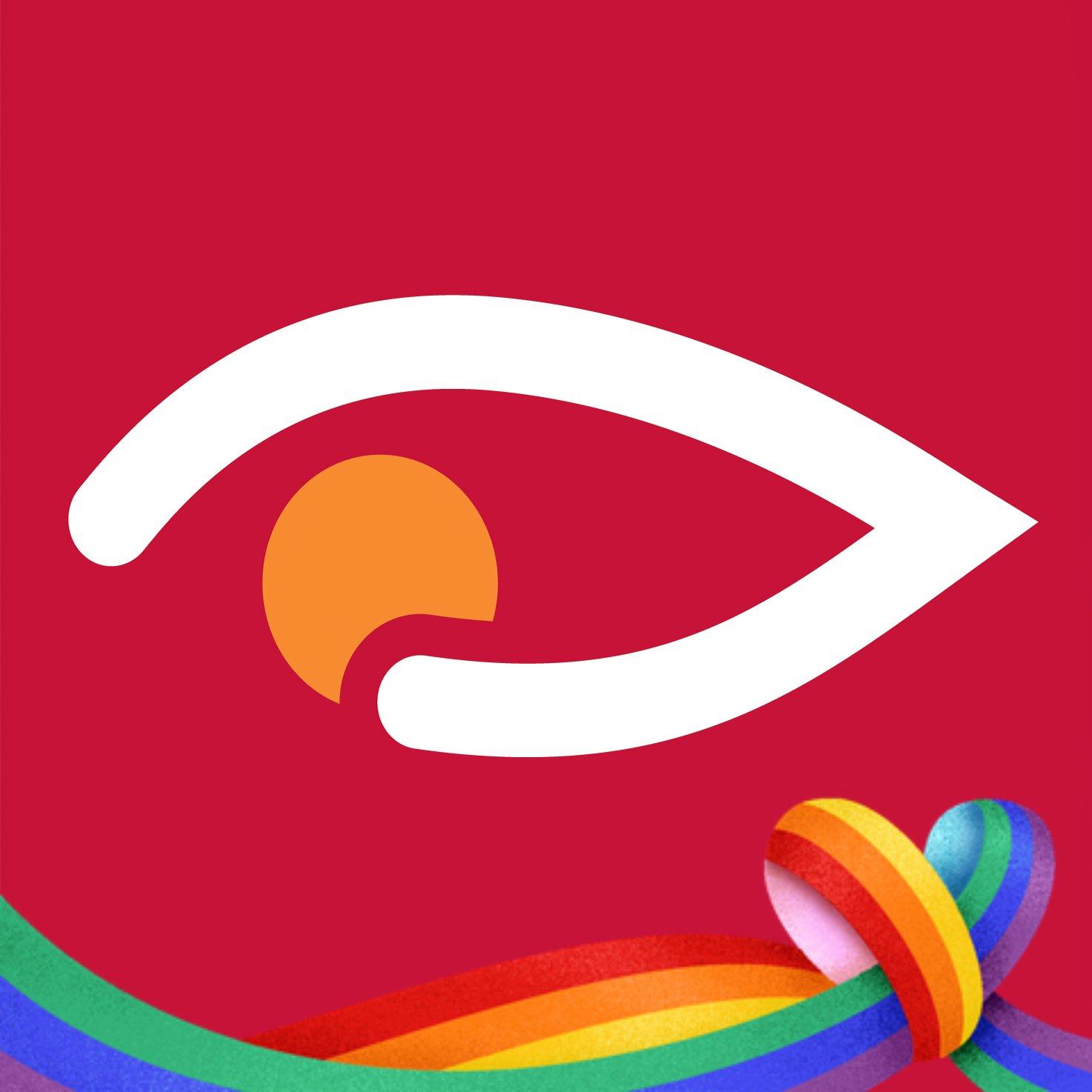 Logo med et øye og en sol på rød bakgrunn, med regnbuebånd nederst.