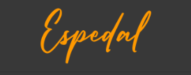 Espedal logo med oransje skrifttype på mørk bakgrunn, som viser navnet i en elegant og moderne stil.