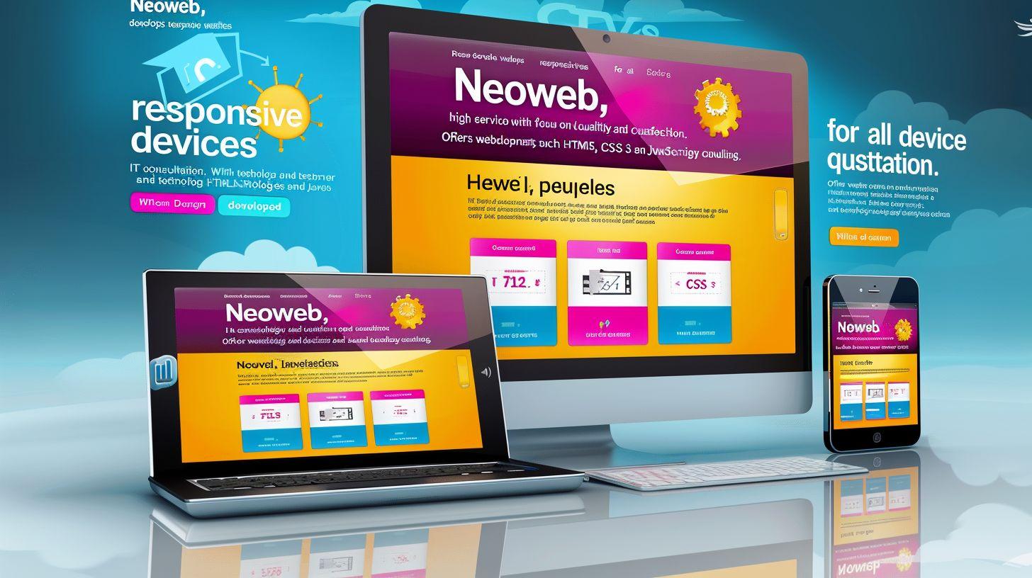Bilde av en responsiv nettside fra Neoweb vist på en datamaskin, nettbrett og mobiltelefon.