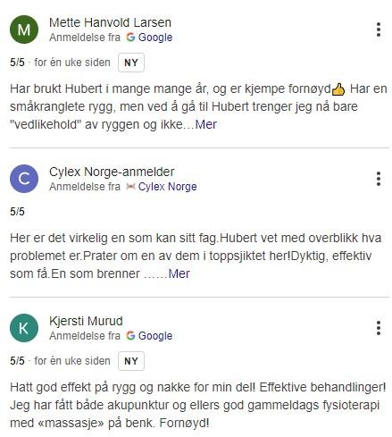 Anmeldelser av Hubert, en ryggbehandlingsklinikk, med positive tilbakemeldinger fra kunder.
