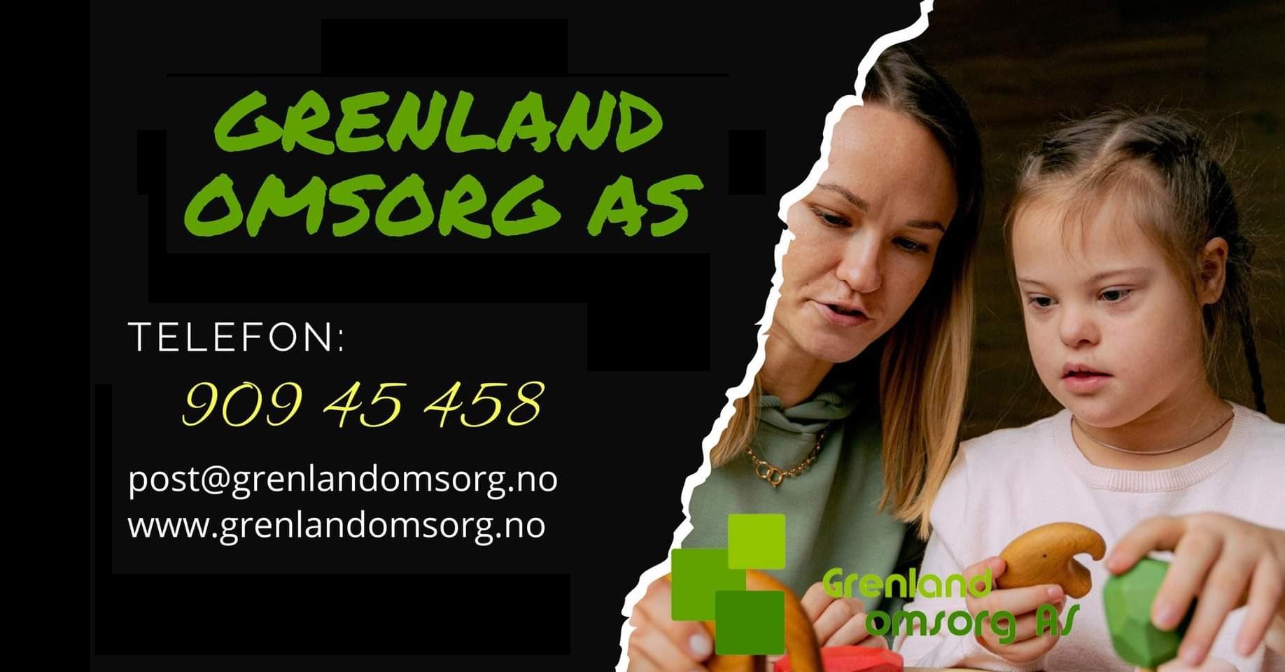 En kvinne og en jente ser på frukt sammen, med kontaktinformasjon for Grenland Omsorg AS i bakgrunnen.