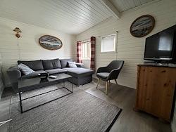 Lyst stue med grå sofa, stuebord, TV, og vinduer med gardiner i en koselig hytte.
