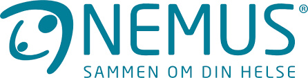 Logoen til NEMUS med teksten "Sammen om din helse" i blått.