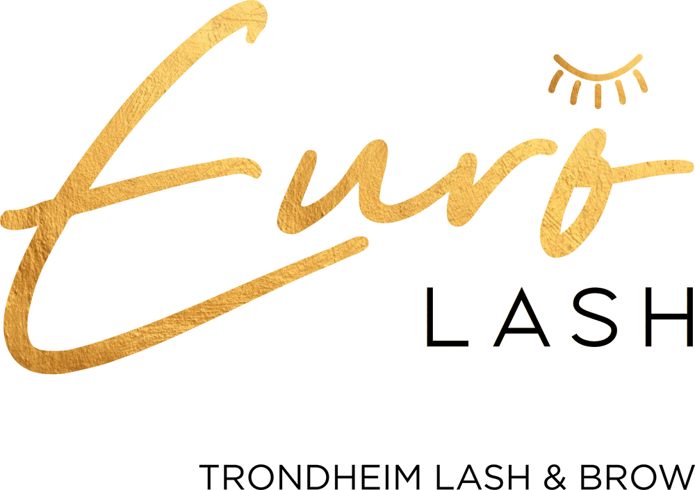 Euro Lash logo for Trondheim Lash & Brow, med gullfarget tekst og en stilisert øyevipp.