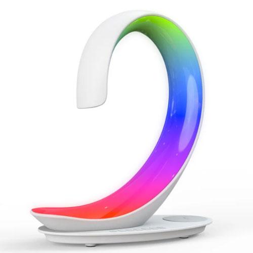 En moderne, fargerik LED-lampe med en buet design som skifter mellom ulike farger.