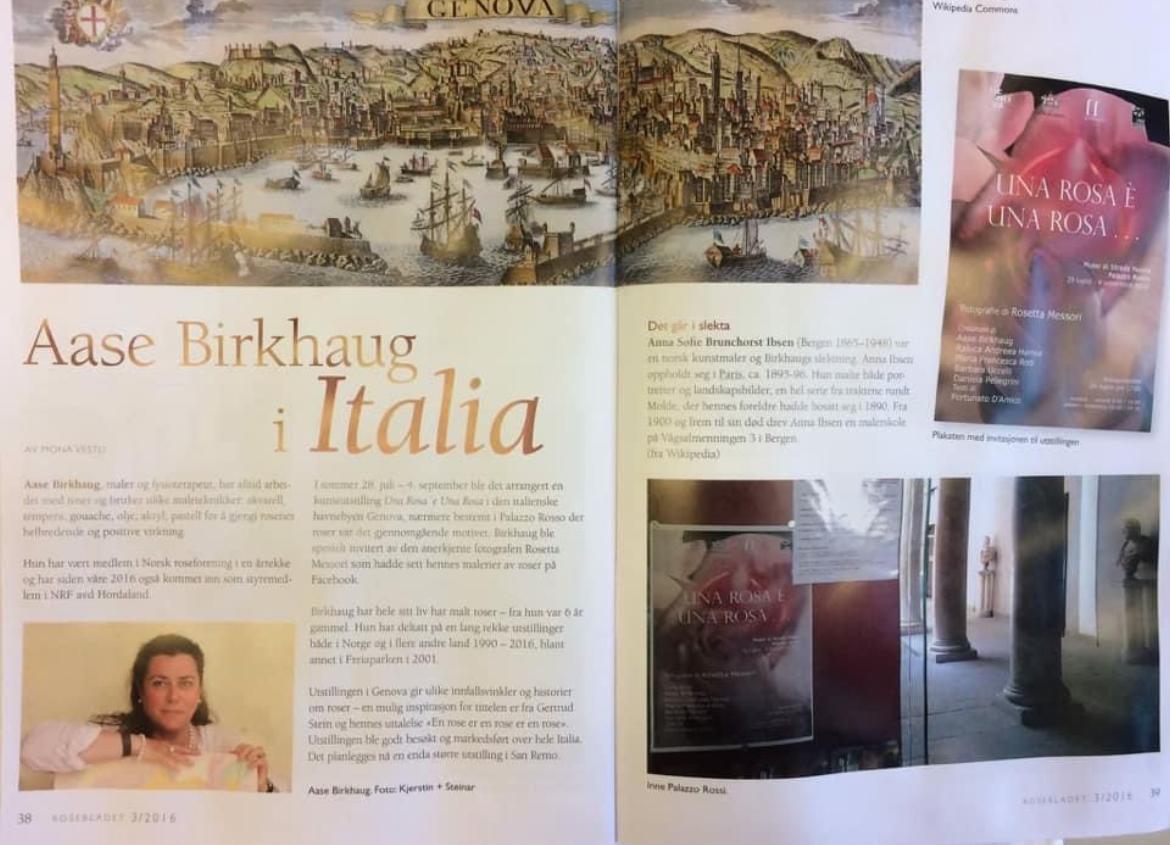 Bilde av en artikkel med tekst om Aase Birkhaug i Italia, illustrert med historiske bilder og moderne kunst.