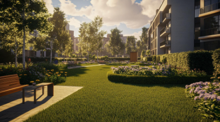 En vakker hage med grønne plener, blomsterbed og benker mellom moderne bygninger under en solfylt himmel.