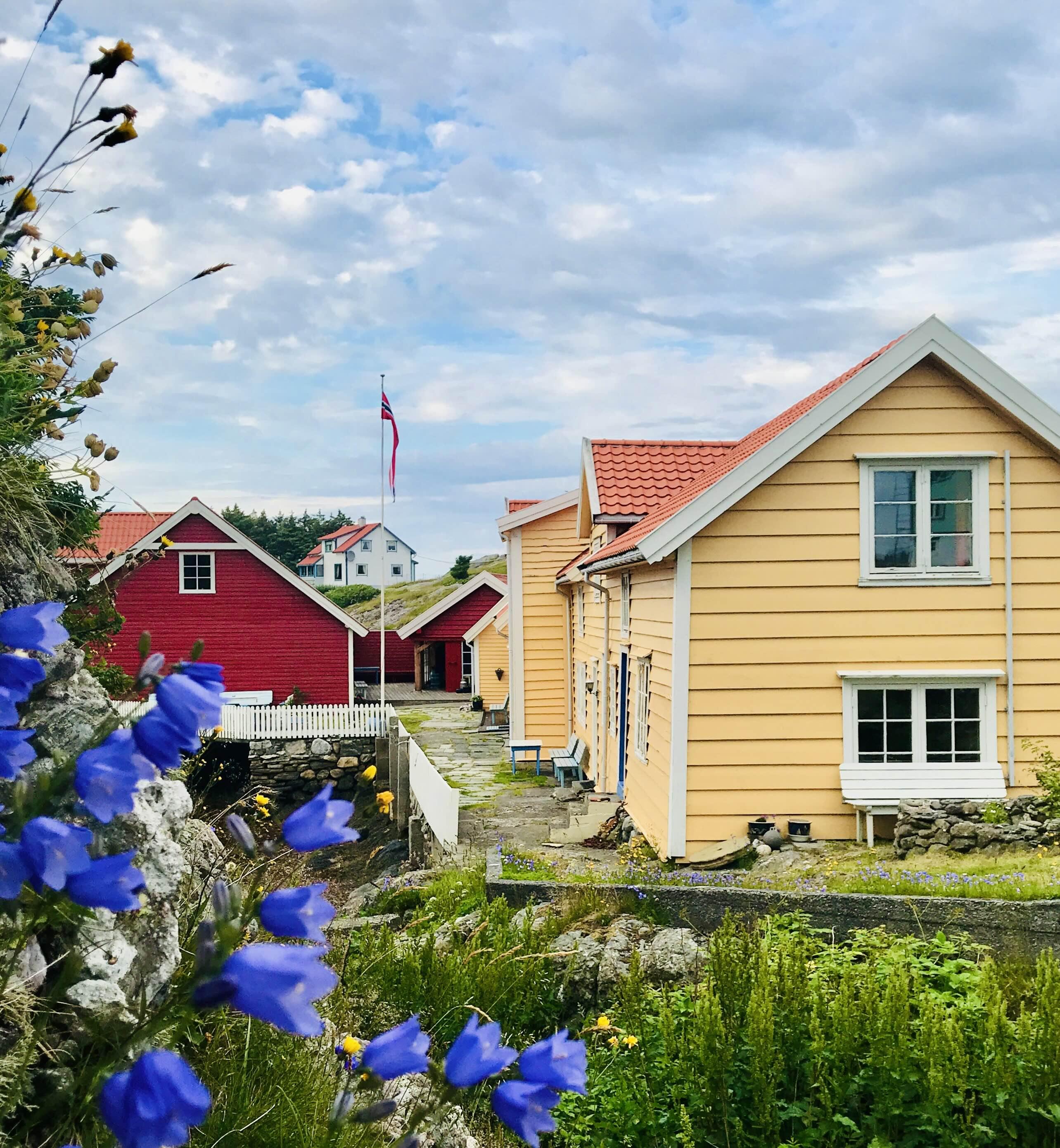 Fargerike hus i en norsk landsby med blomster i forgrunnen og en norsk flagg i bakgrunnen.