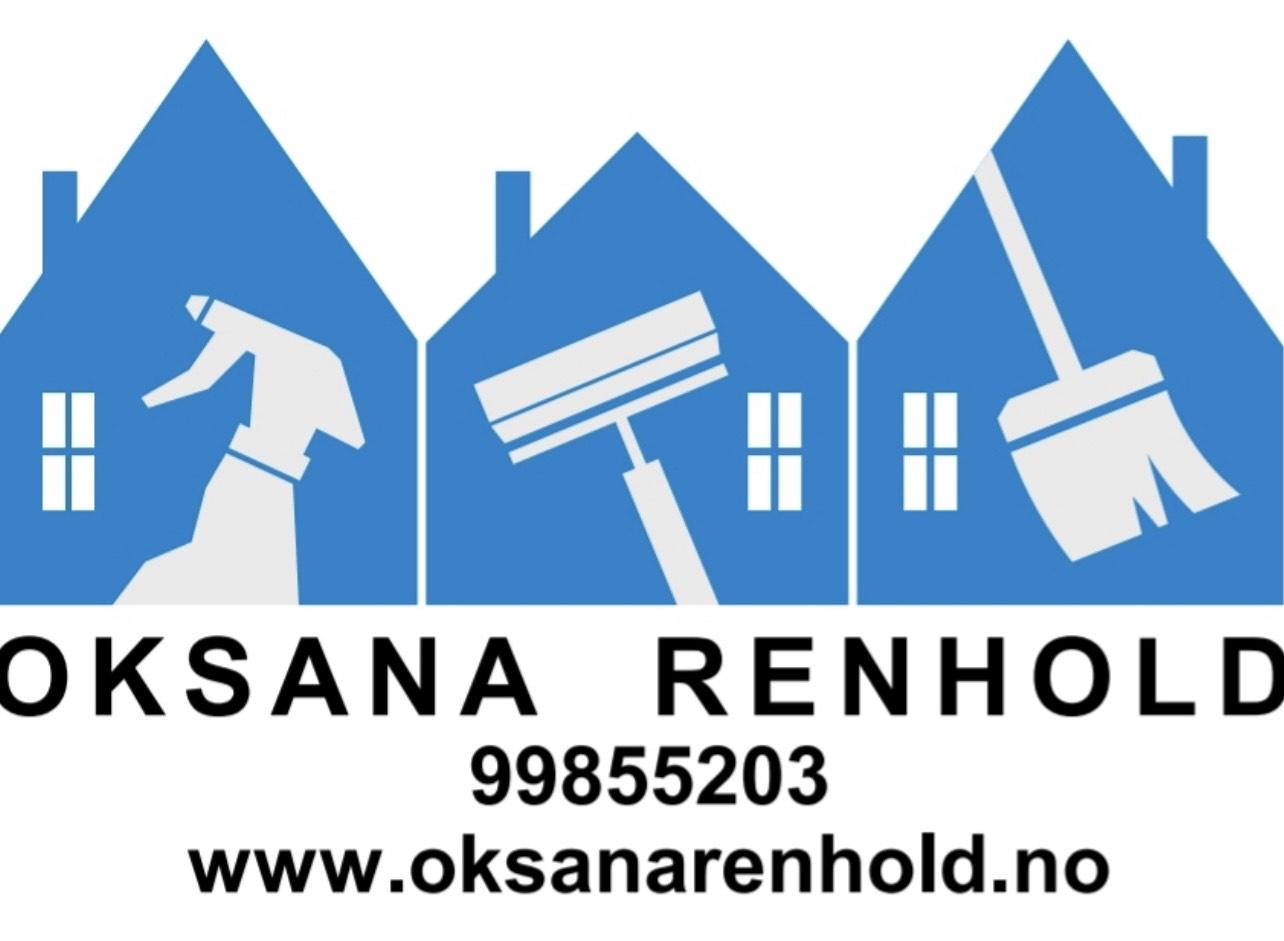 Logo for Oksana Renhold med rengjøringsutstyr og husikoner, telefonnummer og nettside.