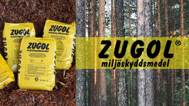 ZUGOL miljøskyddsmedel i gule poser på bakgrunn av trestammer og bark.