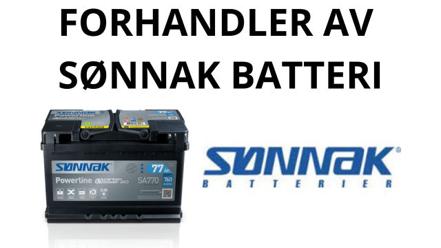 Batteri fra Sønnak med logo og tekst som viser forhandlerinformasjon.