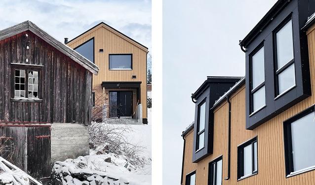 To hus med forskjellig arkitektur, det ene i treverk og det andre med moderne fasade, omgitt av snø.