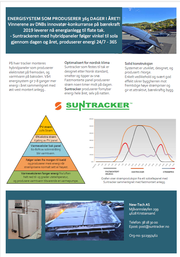 Informasjonsplakat om energisystemet Suntracker, med solcellepaneler og produksjonsdata for året.