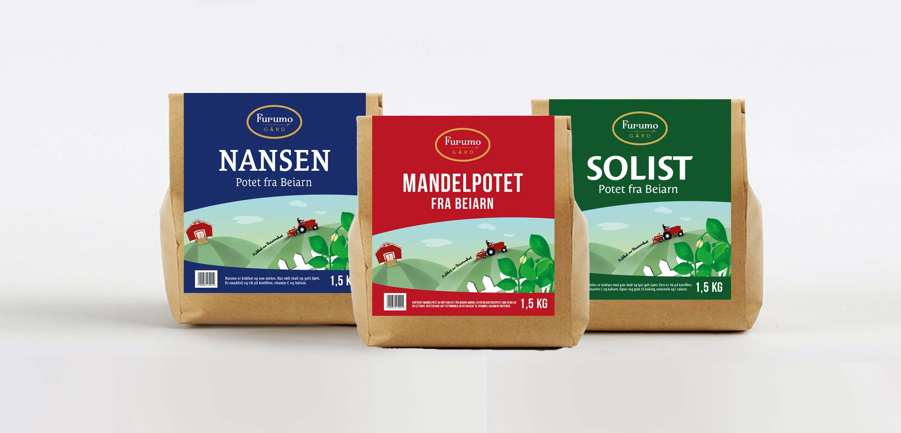 Tre pakker med potetfrø: Nansen, Mandelpotet og Solist, med fargerike etiketter og landskapsmotiv.