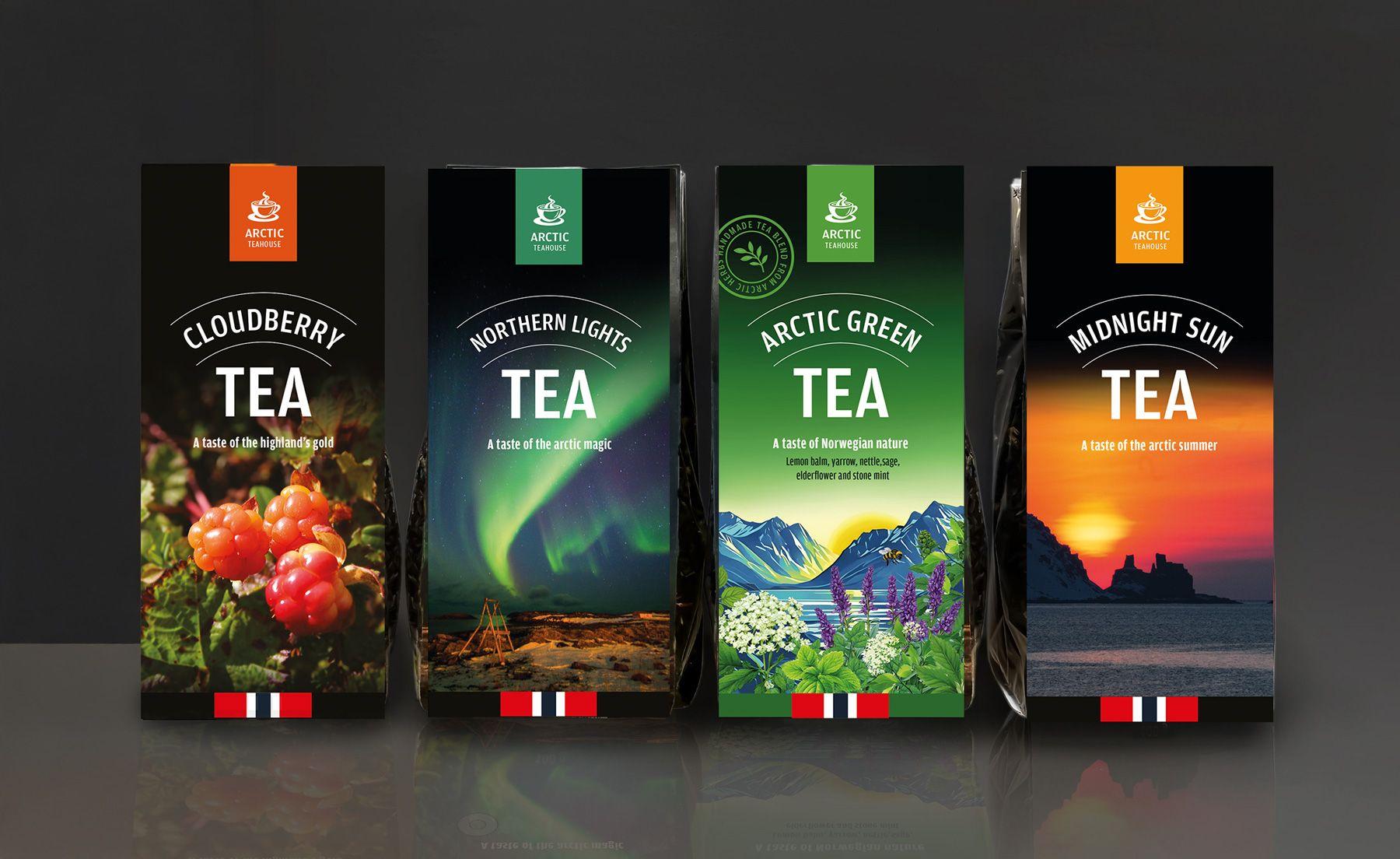 Fire tepakker med forskjellige smaker: Cloudberry, Mountain Light, Arctic Green og Midnight Sun.