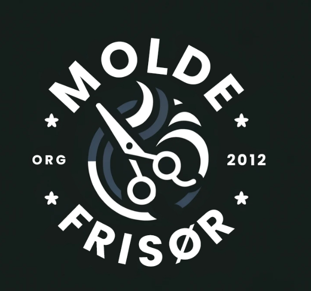 Logo for Molde Frisør med saks og bølger, etablert i 2012. Designet har en moderne og stilren estetikk.