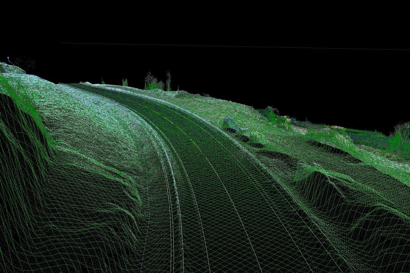 En 3D-modell av en svingete vei med grønnlige høydekurver og mørk bakgrunn.