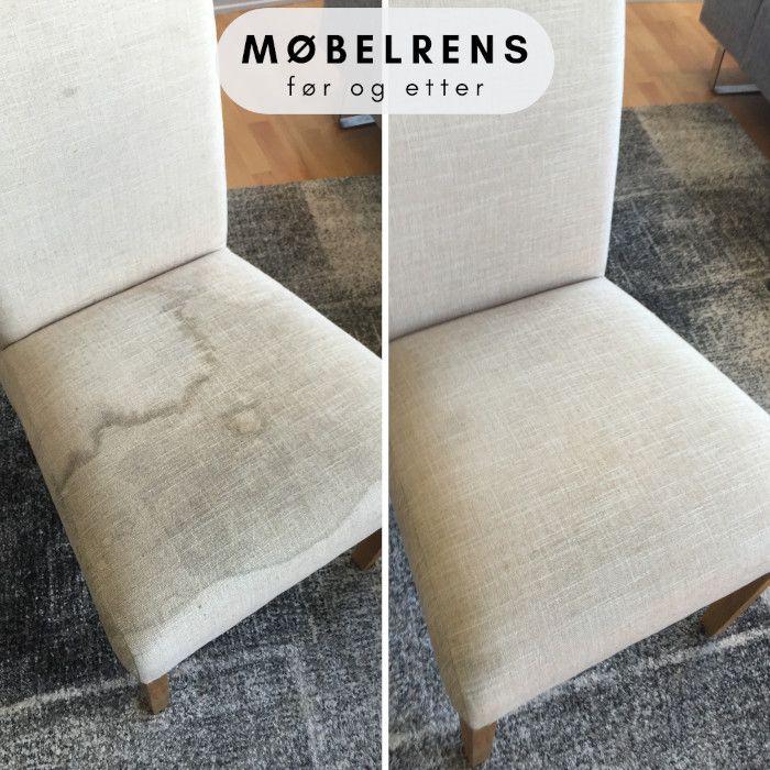Før og etter bilde av en stol som har fått møbelrens, med tydelig forskjell i flekkfjerning.